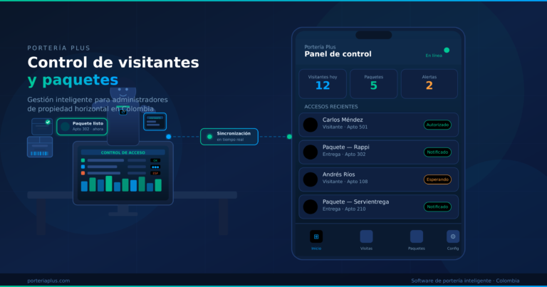 Portero registrando visitante en sistema digital de control de acceso para conjunto residencial