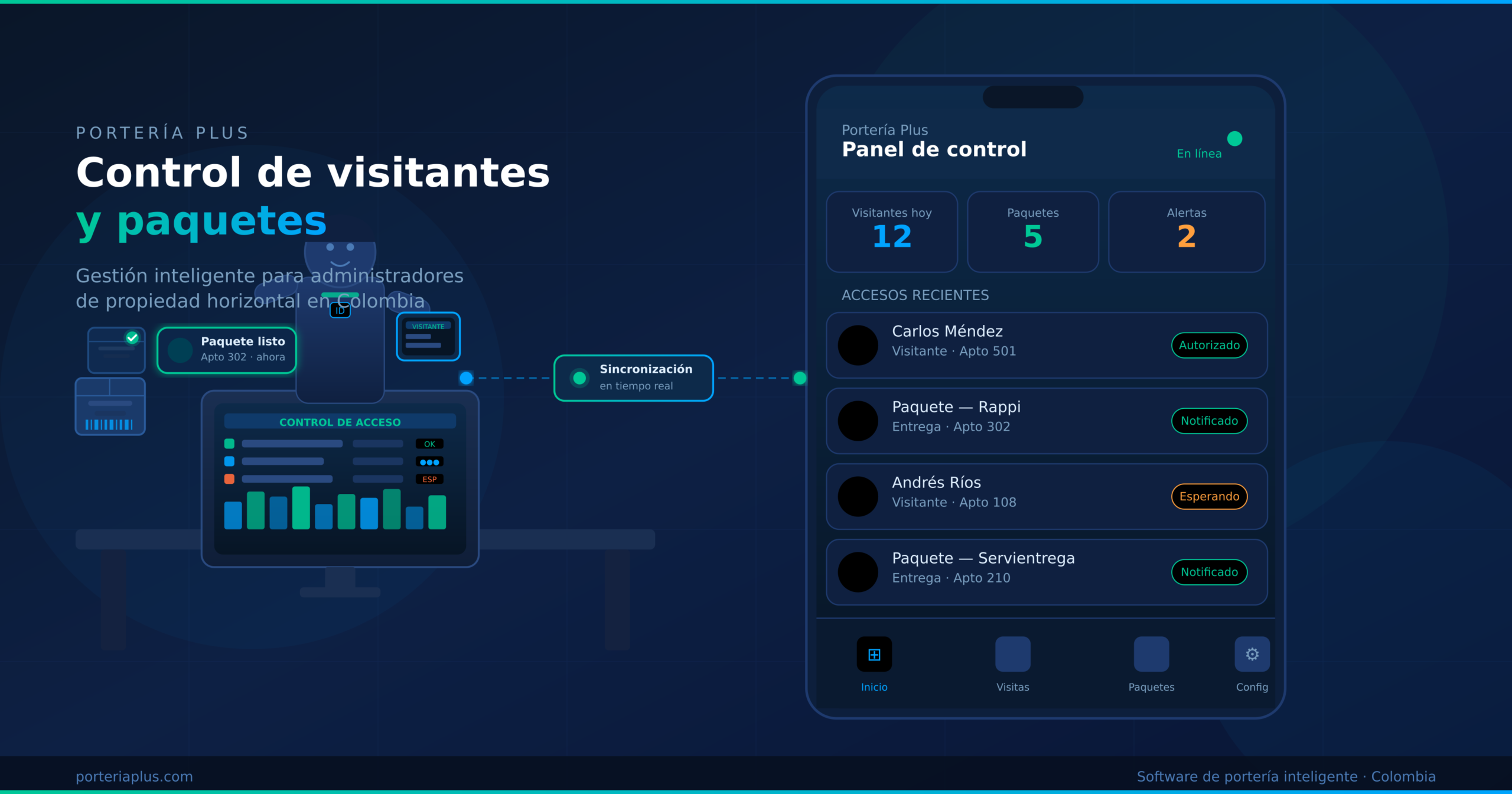 Portero registrando visitante en sistema digital de control de acceso para conjunto residencial